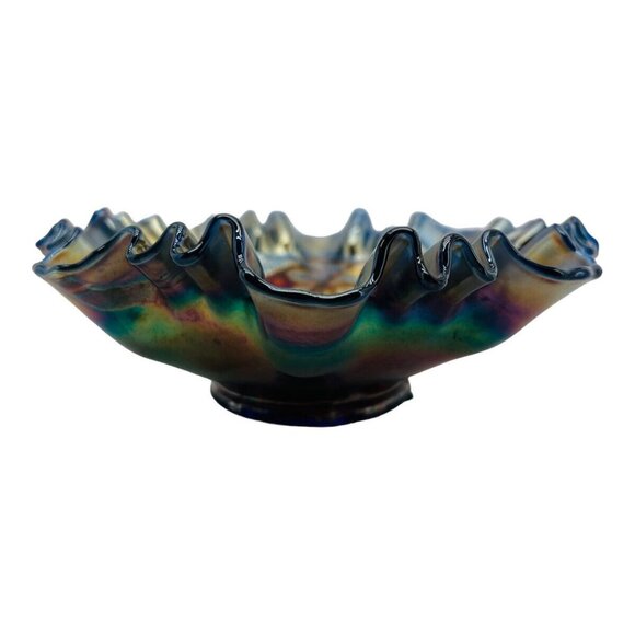 Antique Fenton Carnival Glass Heart & Vine Bowl Iridescent Ribbon Peacock Blue - Picture 5 of 10